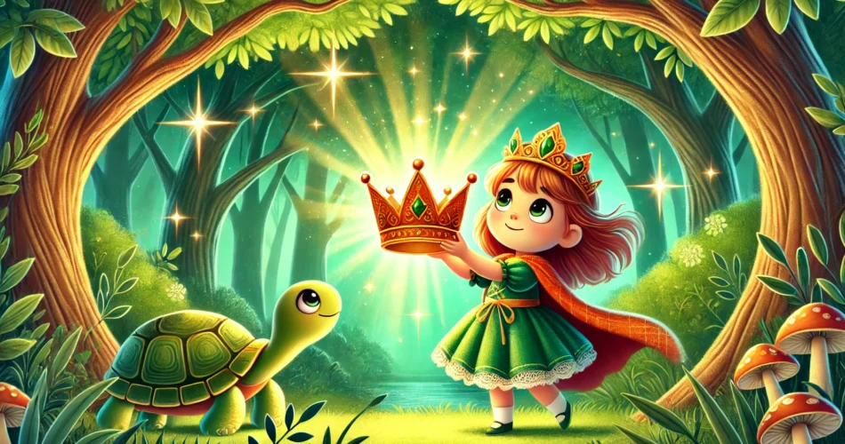 DALL·E 2024 12 29 15.38.21 An enchanting illustrator style scene of a young girl holding a glowing golden crown in a vibrant emerald forest. The surroundings include lush green