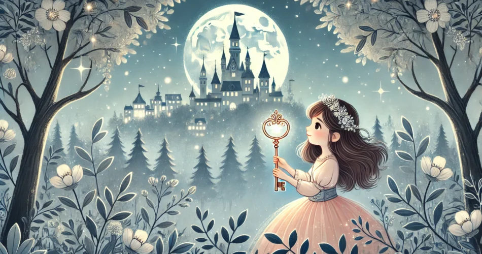 DALL·E 2024 12 29 15.50.01 An enchanting illustrator style scene of a young princess holding a glowing moon shaped key in a mystical silver forest. In the background a magical