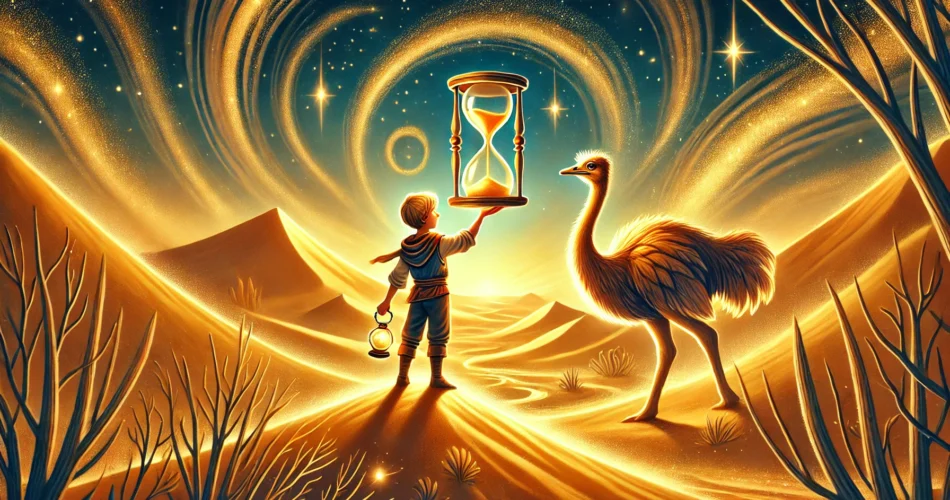 DALL·E 2024 12 29 15.53.34 An enchanting illustrator style scene of a young boy standing on a glowing sand dune in the middle of a vast desert. He holds a radiant hourglass and