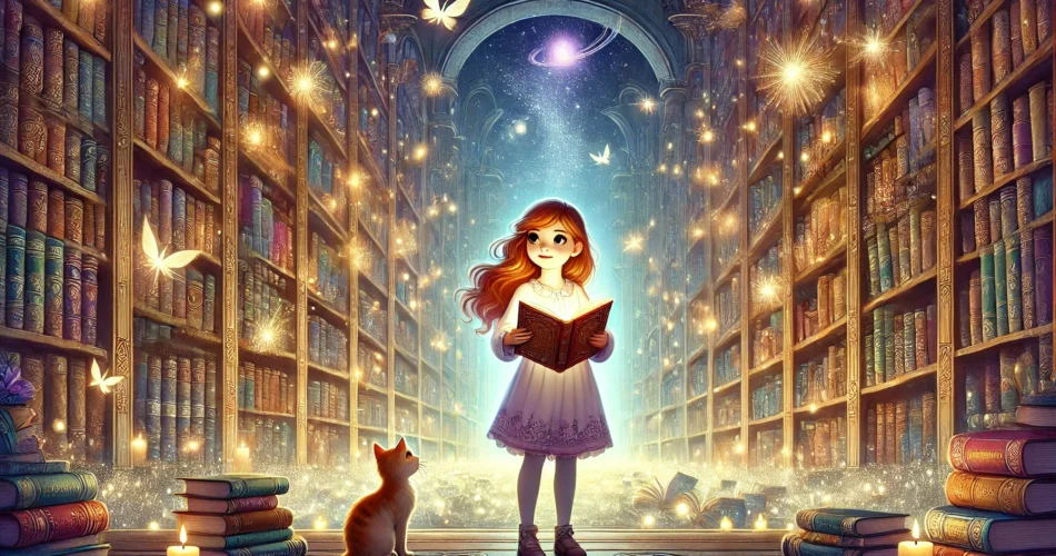 DALL·E 2024 12 30 20.00.57 An enchanting illustrator style scene of a young girl standing in a magical endless library filled with glowing bookshelves and floating books. She h