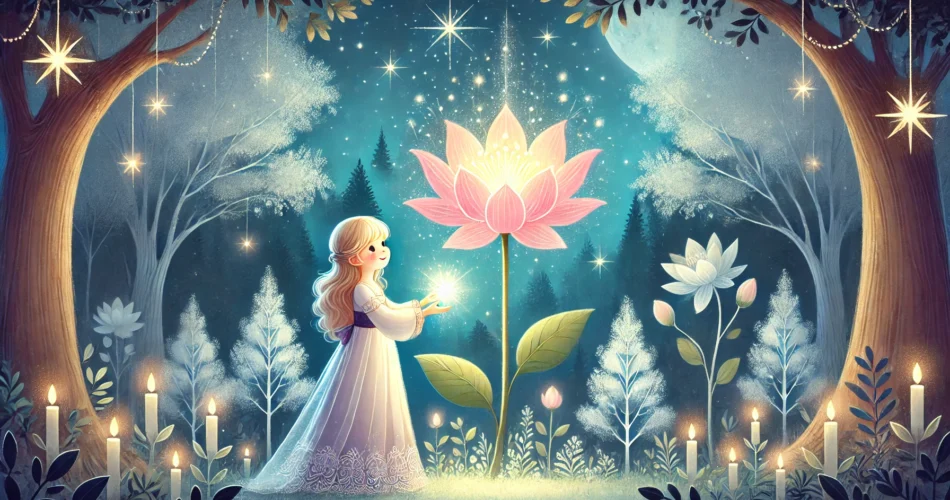 DALL·E 2024 12 30 20.13.43 An enchanting illustrator style scene of a young princess standing beside a glowing flower under a starry sky. She holds radiant droplets in her hands