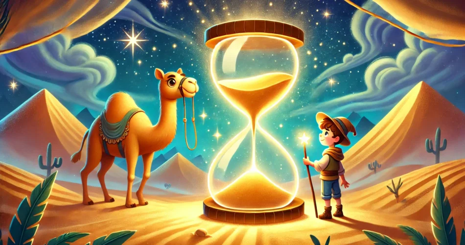 DALL·E 2024 12 31 20.07.11 An enchanting illustrator style scene of a young boy standing beside a giant glowing hourglass in the middle of a golden desert. The hourglass emits a