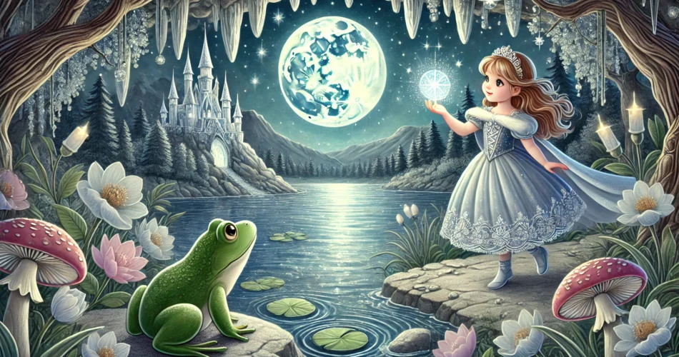 DALL·E 2024 12 31 20.10.44 An enchanting illustrator style scene of a young princess holding a glowing crystal by a mystical moonlit lake. The surroundings include a shimmering