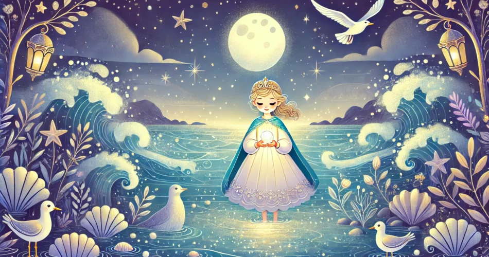 DALL·E 2024 12 31 20.15.29 An enchanting illustrator style scene of a young princess holding a glowing pearl while standing in a magical moonlit sea. The surroundings include sh