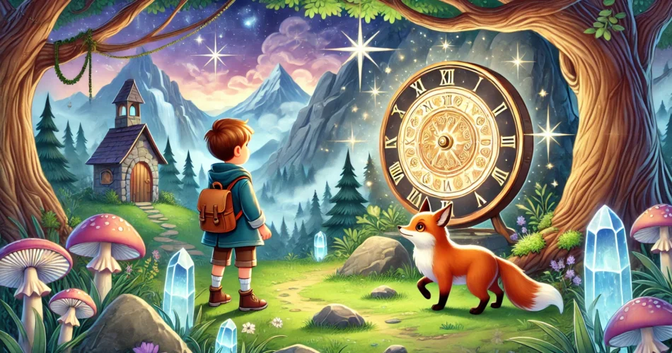 DALL·E 2024 12 31 20.23.34 An enchanting illustrator style scene of a young boy standing beside a glowing mystical clock wheel in a magical mountain landscape. The surroundings