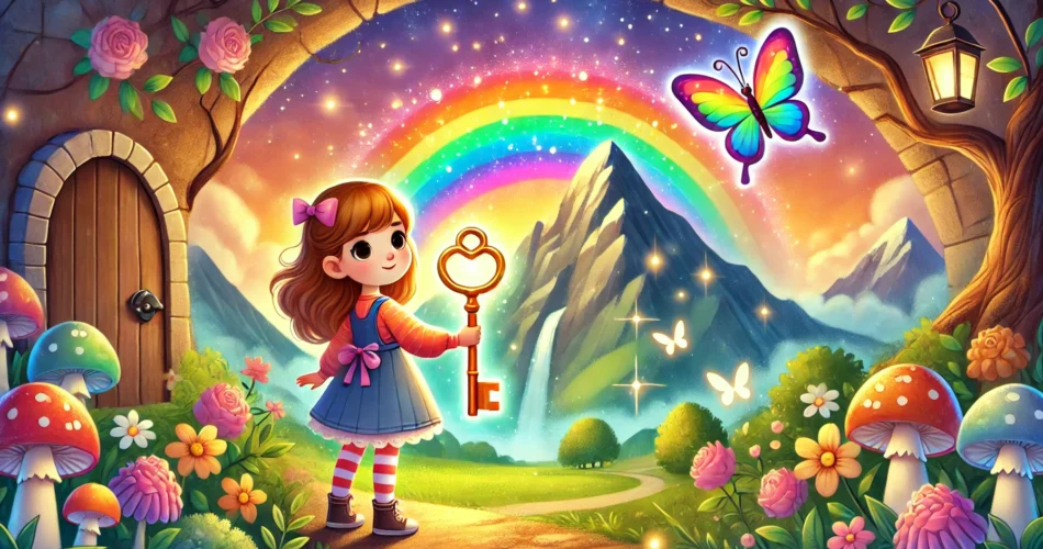DALL·E 2025 01 01 20.37.50 An enchanting illustrator style scene of a young girl standing at the entrance of a magical cave on a vibrant mountain. She holds a glowing rainbow co
