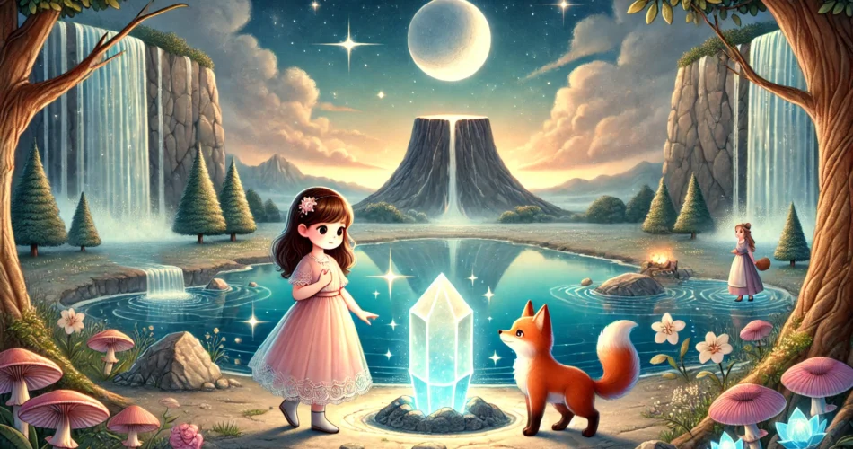 DALL·E 2025 01 01 20.42.23 An enchanting illustrator style scene of a young girl standing beside a glowing moonstone near a magical crater. The surroundings include shimmering w
