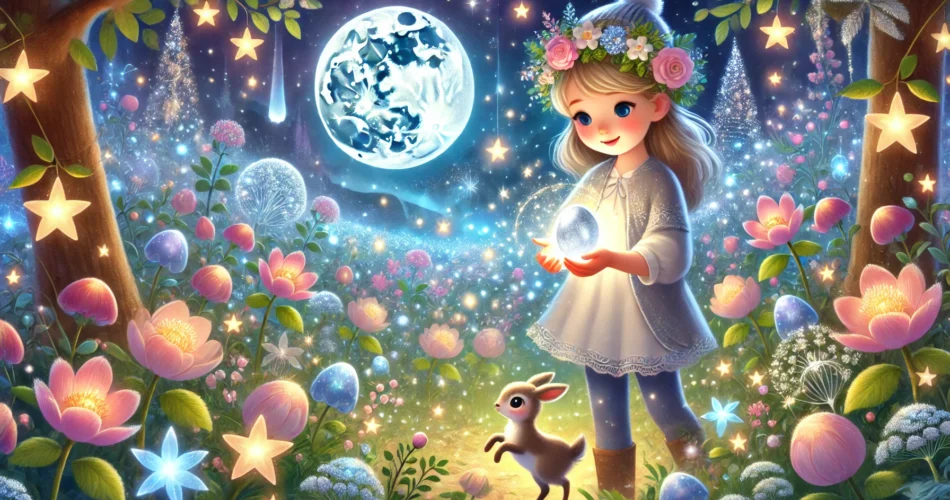 DALL·E 2025 01 01 20.55.50 An enchanting illustrator style scene of a young girl holding a glowing silver seed in a magical garden filled with shimmering starlight. The surround