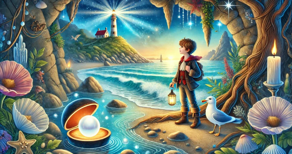 DALL·E 2025 01 03 15.11.30 An enchanting illustrator style scene of a young boy standing beside a glowing pearl in a mystical cave by the ocean. The surroundings include shimmer