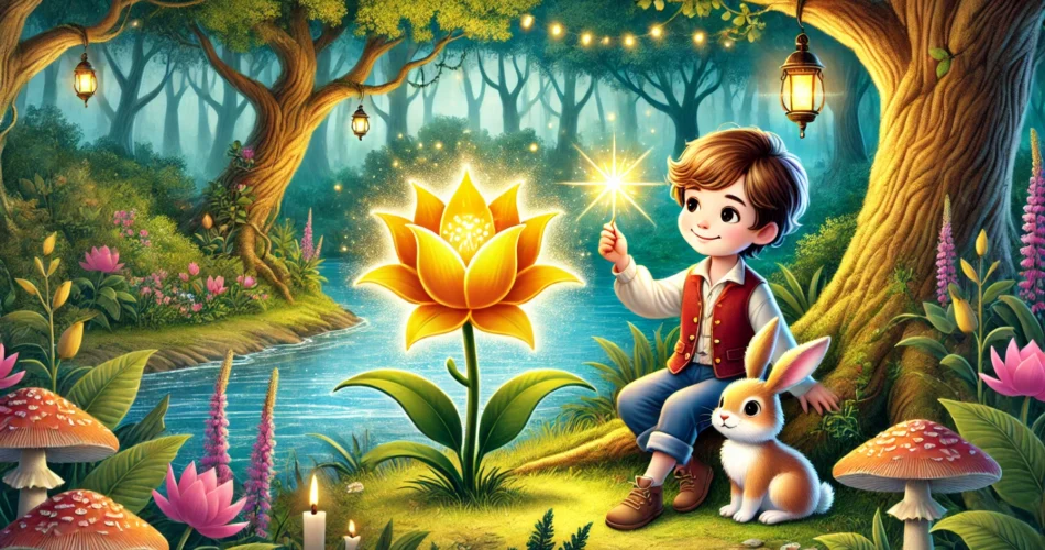 DALL·E 2025 01 03 15.15.07 An enchanting illustrator style scene of a young boy holding a glowing golden leaf near a magical flower in a lush forest. The surroundings include vi