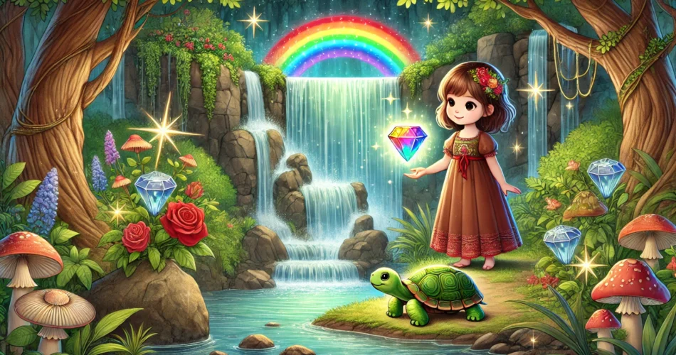 DALL·E 2025 01 05 16.20.05 An enchanting illustrator style scene of a young girl standing beside a glowing rainbow colored gem at a magical waterfall. The surroundings include v