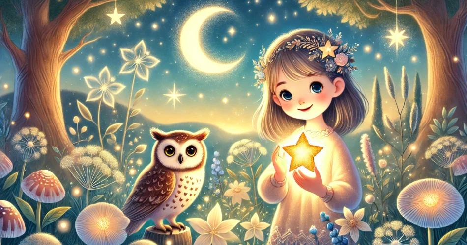 DALL·E 2025 01 05 16.29.25 An enchanting illustrator style scene of a young girl holding a glowing star shaped gem in a magical garden under a starry sky. The surroundings inclu