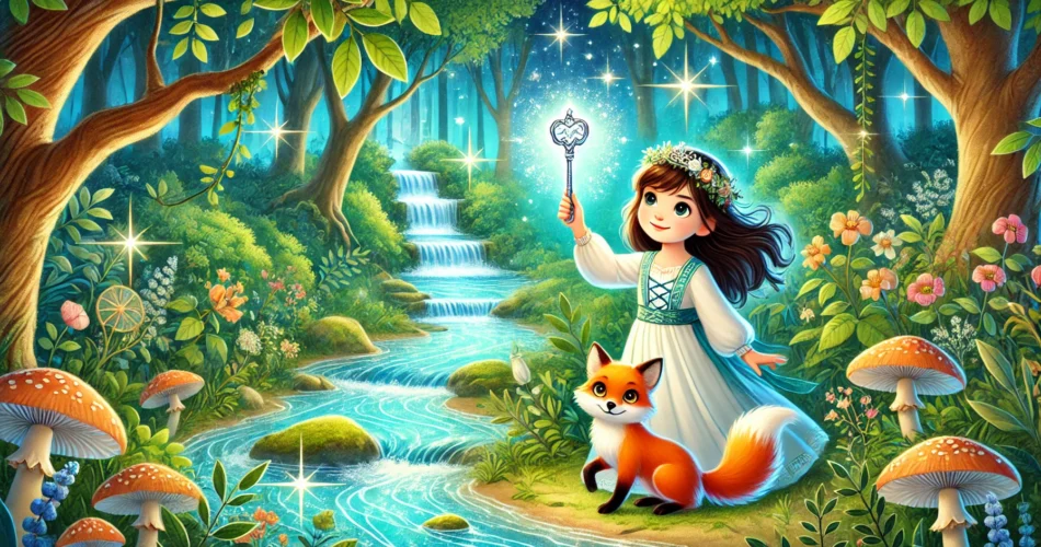 DALL·E 2025 01 06 17.59.51 An enchanting illustrator style scene of a young girl holding a glowing silver key near a shimmering magical river in a lush forest. The surroundings