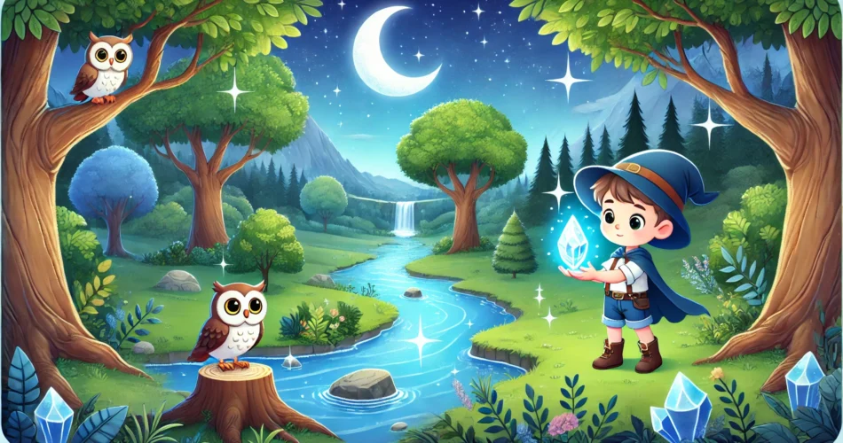 DALL·E 2025 01 06 18.03.35 An enchanting illustrator style scene of a young boy holding a glowing crystal in a moonlit valley surrounded by lush trees and a shimmering river. Th
