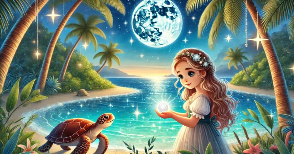 DALL·E 2025 01 06 18.19.33 An enchanting illustrator style scene of a young girl holding a glowing silver pearl by a shimmering ocean under a bright crescent moon. The surroundi