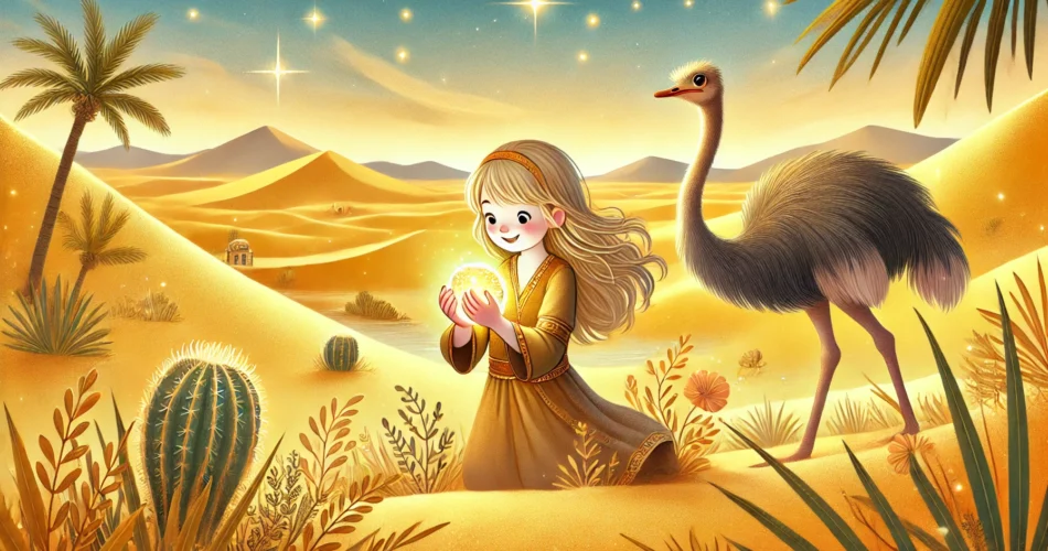 DALL·E 2025 01 07 17.30.26 An enchanting illustrator style scene of a young girl holding a glowing sand colored gem in the middle of a vast golden desert. The surroundings inclu