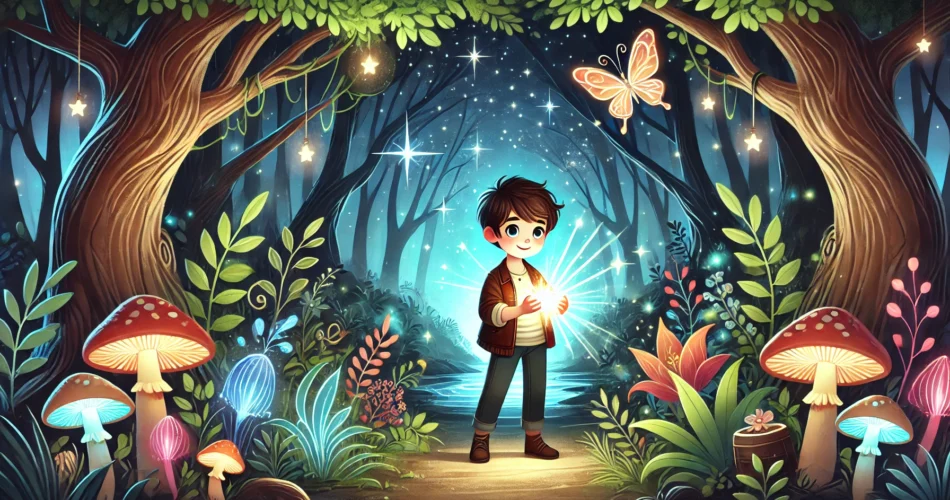 DALL·E 2025 01 07 17.46.15 An enchanting illustrator style scene of a young boy holding a glowing object in the heart of a dark mystical forest. The surroundings include shimme