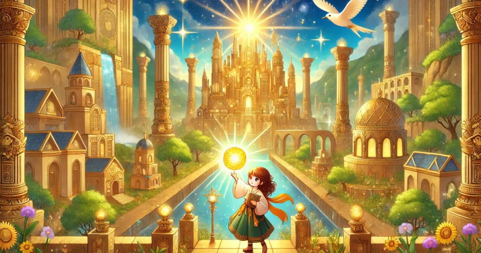 DALL·E 2025 01 08 12.05.47 An enchanting illustrator style scene of a young girl holding a glowing golden orb in the center of a radiant city made of golden structures under a b