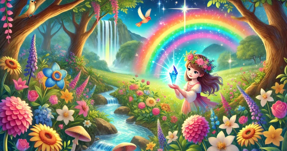 DALL·E 2025 01 08 12.10.16 An enchanting illustrator style scene of a young girl holding a glowing rainbow colored crystal in a lush valley surrounded by vibrant flowers and a s