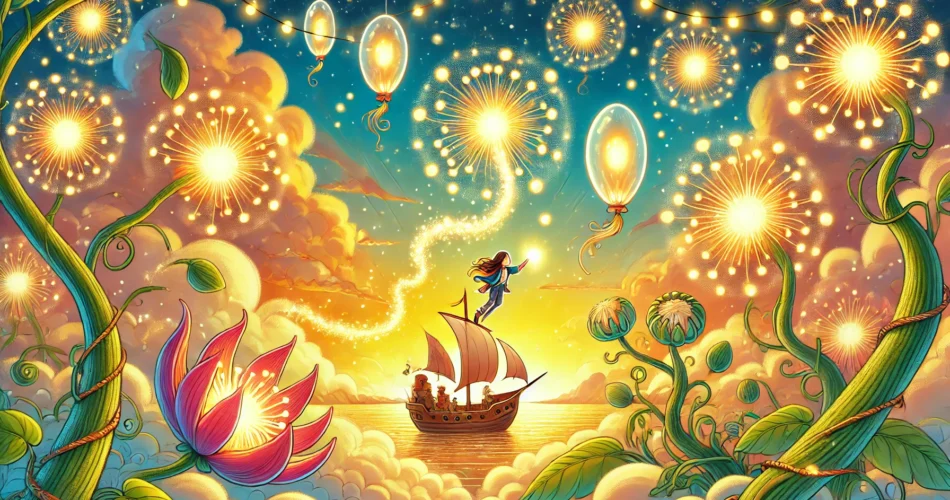 DALL·E 2025 01 08 12.15.09 A vibrant illustrator style scene of a young girl on a flying ship surrounded by glowing magical seeds in the sky. The background includes clouds a g