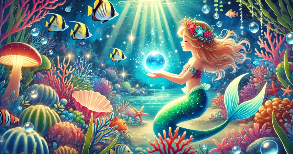 DALL·E 2025 01 10 16.51.16 An enchanting illustrator style scene of a young mermaid holding a glowing blue pearl in an underwater kingdom surrounded by colorful coral reefs vib