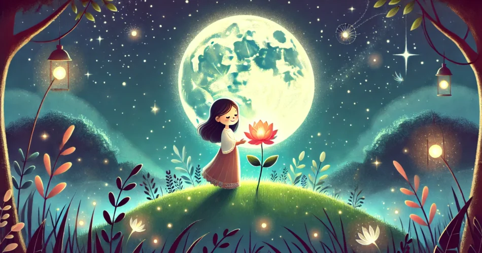 DALL·E 2025 01 12 02.41.35 An enchanting illustrator style scene of a young girl standing on a mystical hill under a glowing full moon holding a radiant flower that lights up t