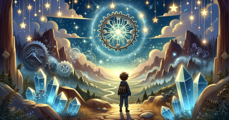 DALL·E 2025 01 15 13.28.48 An enchanting illustrator style scene of a young boy standing in front of a massive glowing gear like device surrounded by stars and shimmering celes