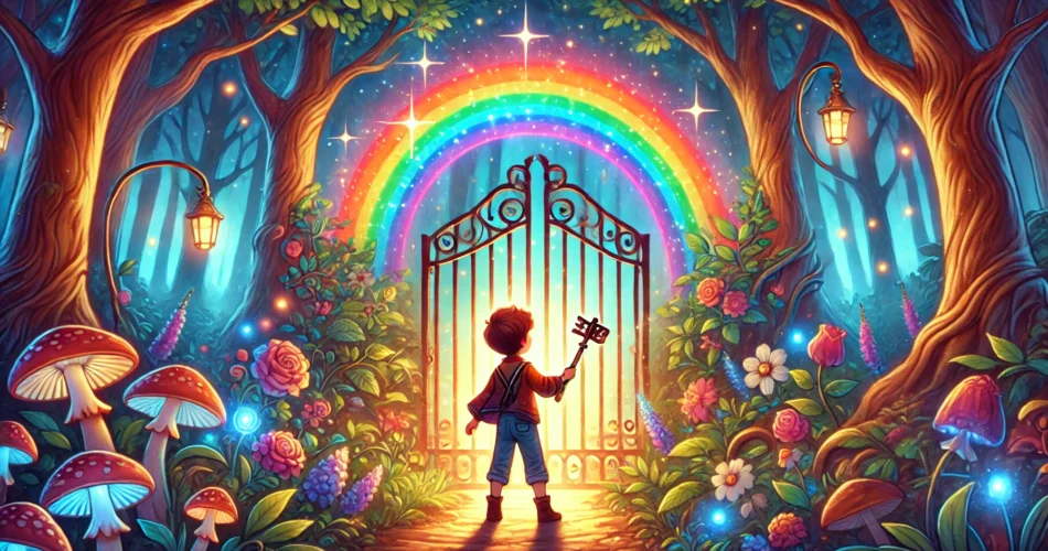 DALL·E 2025 01 16 20.09.01 An enchanting illustrator style scene of a young boy standing before a radiant rainbow gate in a mystical forest. The boy is holding a glowing key su