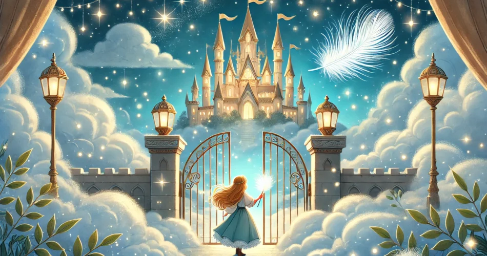 DALL·E 2025 01 17 19.36.22 An enchanting illustrator style scene of a brave young girl standing at the gates of a glowing palace in the sky. The palace is surrounded by fluffy w
