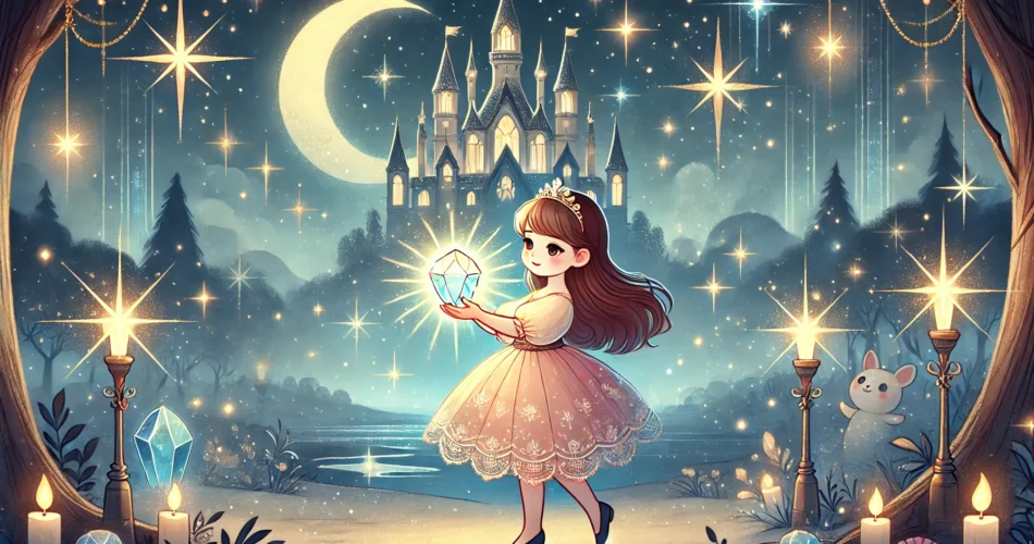 DALL·E 2025 01 17 19.42.04 An enchanting illustrator style scene of a young girl standing under a starry sky holding a glowing gem that radiates light. She is surrounded by spa