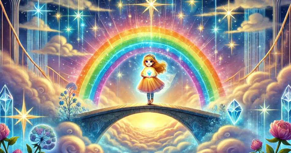 DALL·E 2025 01 18 16.52.13 An enchanting illustrator style scene of a brave young girl standing on a radiant rainbow bridge that arches across a magical sky. She holds a glowing
