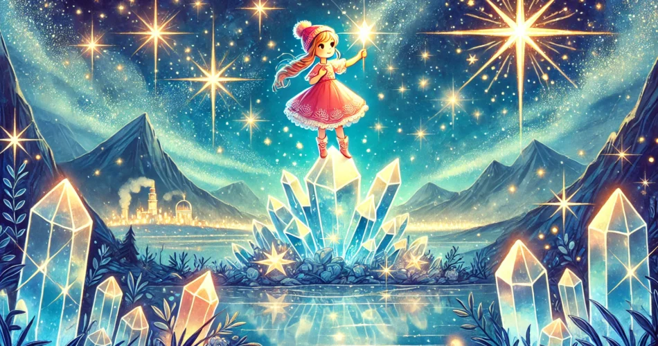 DALL·E 2025 01 19 17.19.55 An enchanting illustrator style scene of a brave young girl standing atop a glowing crystal mountain under a starry sky. She holds a radiant crystal s