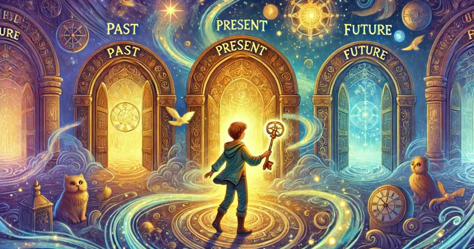 DALL·E 2025 01 19 17.30.38 An enchanting illustrator style scene of a young boy in a mystical setting with ancient glowing doors representing past present and future. The boy