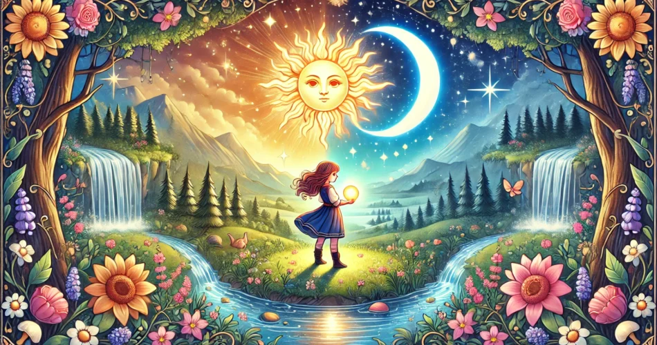 DALL·E 2025 01 19 17.40.14 An enchanting illustrator style scene of a brave young girl standing in a mystical valley illuminated by both sunlight and moonlight. She is holding a