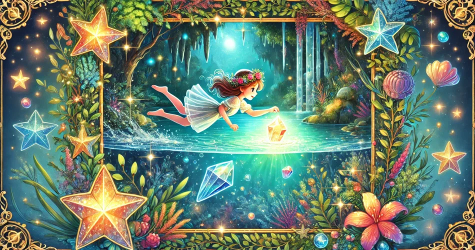 DALL·E 2025 01 20 12.55.00 An enchanting illustrator style scene of a brave young girl diving into a glowing underwater cavern to retrieve a radiant crystal called the Heart of
