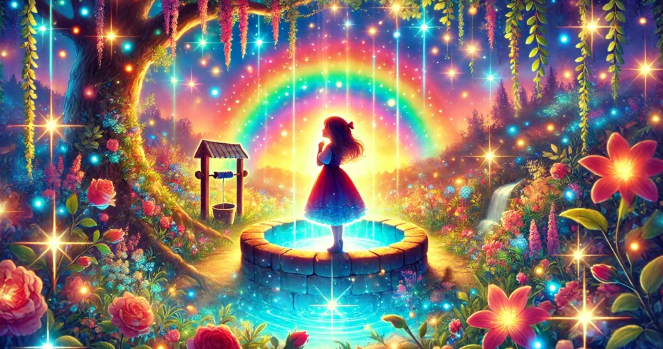 DALL·E 2025 01 20 13.00.46 An enchanting illustrator style scene of a young girl standing at the edge of a glowing magical well surrounded by vibrant rainbow lights. The well e