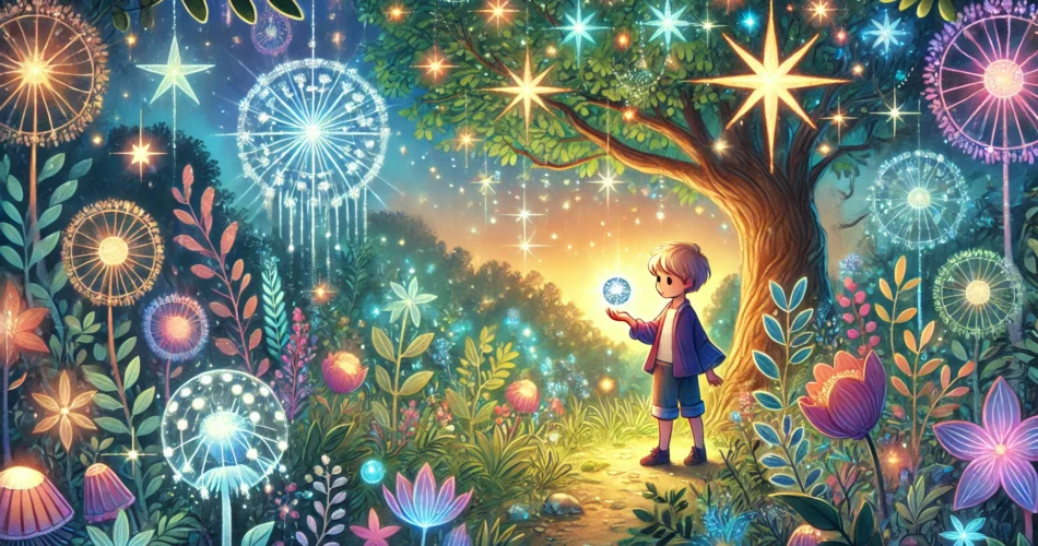 DALL·E 2025 01 20 13.04.03 An enchanting illustrator style scene of a young boy standing in a luminous magical garden filled with glowing stars and a radiant tree. The boy holds