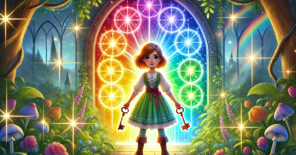 DALL·E 2025 01 21 15.36.09 An enchanting illustrator style scene of a brave young girl standing before a glowing rainbow colored portal surrounded by vibrant light beams. She ho