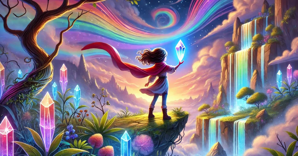 DALL·E 2025 01 21 15.44.12 An enchanting illustrator style scene of a brave young girl standing on a vibrant cliff holding a glowing rainbow colored crystal shard. The sky is f