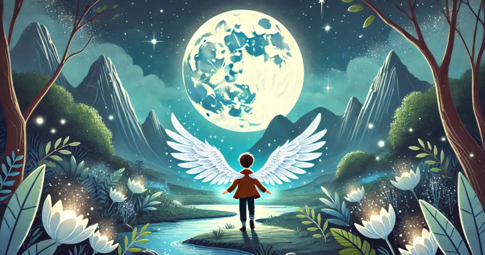 DALL·E 2025 01 22 12.53.45 An enchanting illustrator style scene of a brave young boy standing in a magical valley under a luminous full moon holding radiant silver wings in hi