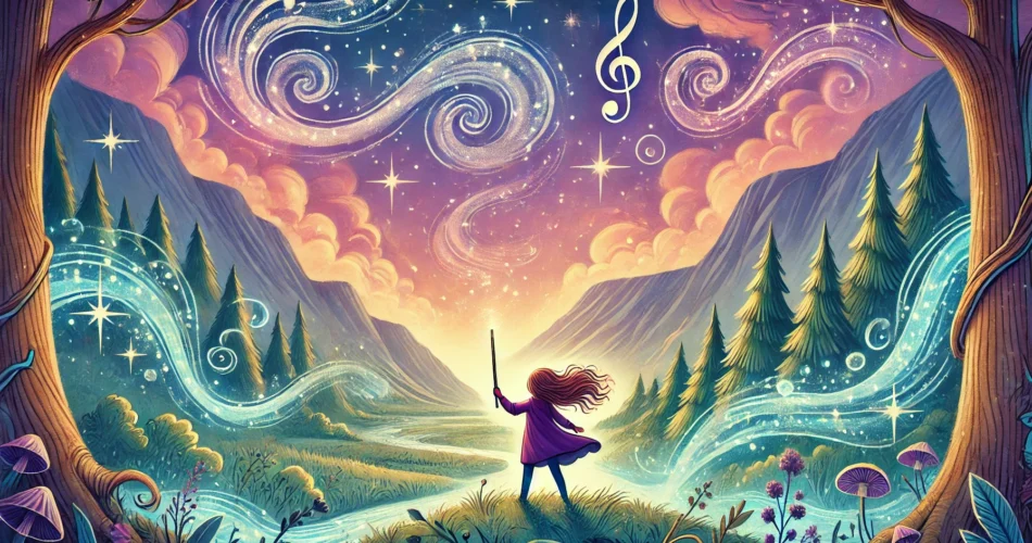 DALL·E 2025 01 22 12.59.24 An enchanting illustrator style scene of a brave young girl standing in a mystical valley holding a glowing flute. The valley is surrounded by vibran