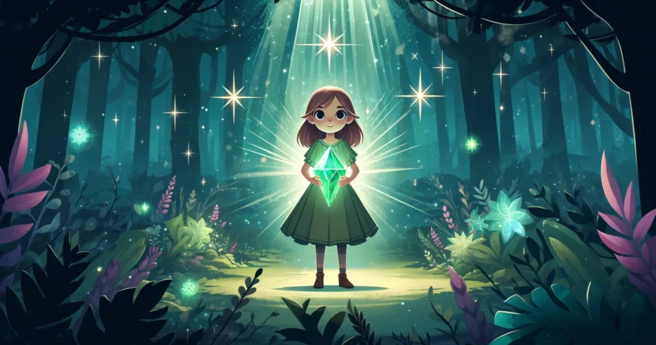 DALL·E 2025 01 22 13.06.09 An enchanting illustrator style scene of a brave young girl standing in a dark magical forest with glowing emerald stars above her. She holds a radia