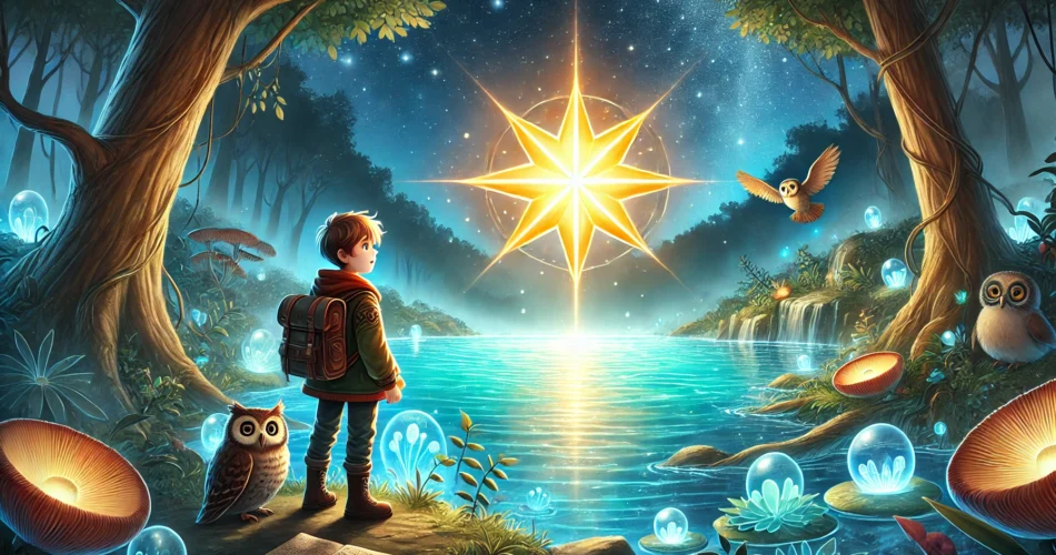 DALL·E 2025 01 23 18.32.56 An illustrated fantasy scene of a young boy standing at the edge of a glowing crystal clear lake under a starry night sky. In the center of the lake