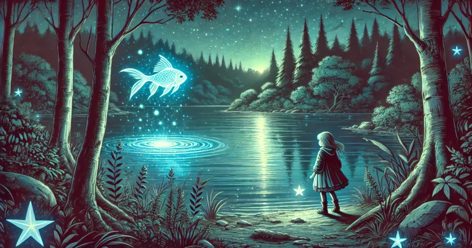 DALL·E 2025 01 24 15.43.42 An illustrated fantasy scene of a young girl near a magical glowing lake at night with a small luminous fish hovering near her. The lake reflects t