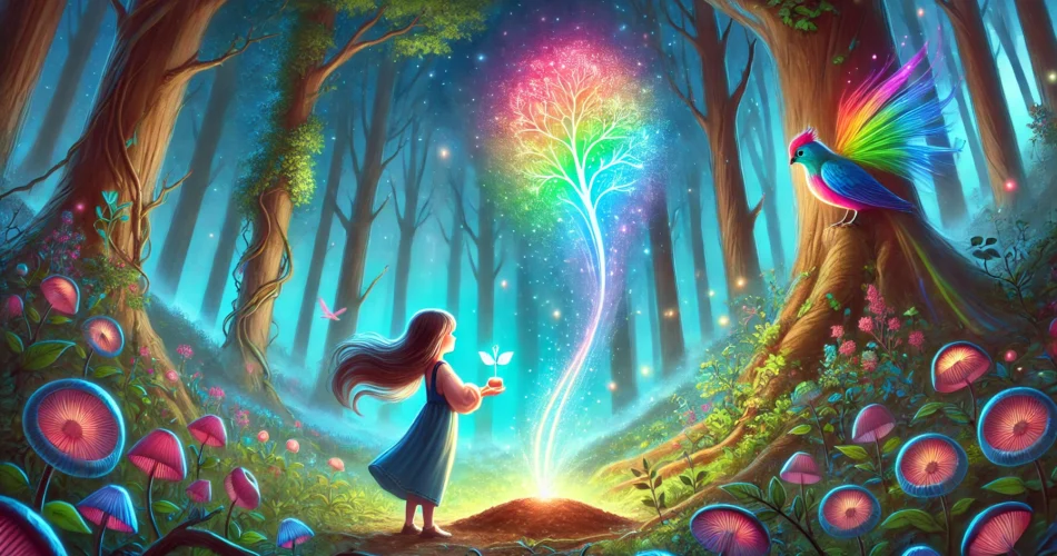 DALL·E 2025 01 25 21.16.02 An illustrated fantasy scene of a young girl standing in a magical forest planting a glowing seed into the ground. The seed emits a rainbow colored l