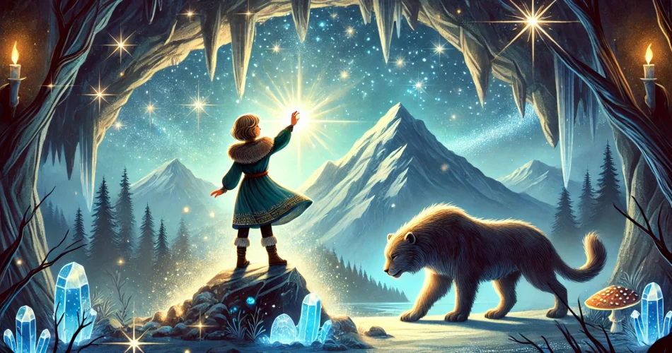 DALL·E 2025 01 28 18.46.55 An illustrated fantasy scene of a brave young girl standing inside a glowing cave at the top of a mountain. She is placing her hand on a luminous moon