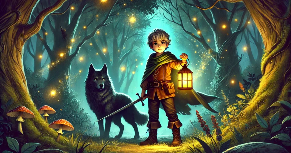 DALL·E 2025 01 28 18.54.10 An illustrated fantasy scene of a brave young boy standing in a mystical forest. He holds a glowing golden lantern in his hands illuminating the dark