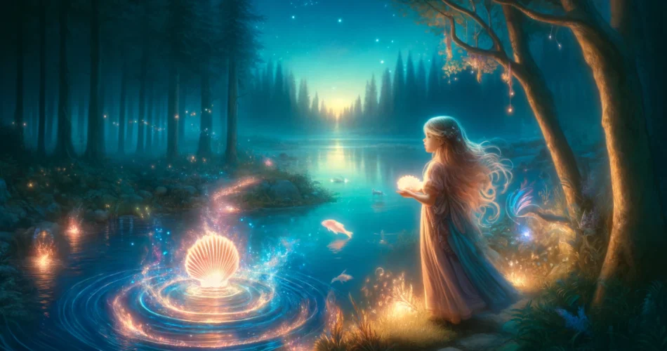 DALL·E 2025 01 31 18.32.57 An illustrated fantasy scene of a young girl standing by a mystical glowing lake at twilight. She holds a shimmering seashell and the water ripples w