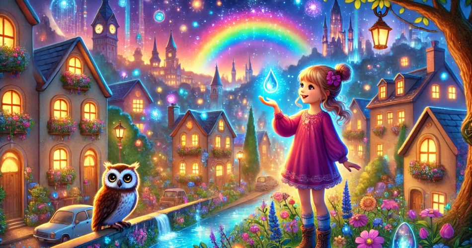 DALL·E 2025 01 31 18.38.11 An illustrated fantasy scene of a young girl standing in a magical city where everything is vibrant and colorful. She holds a glowing water droplet a