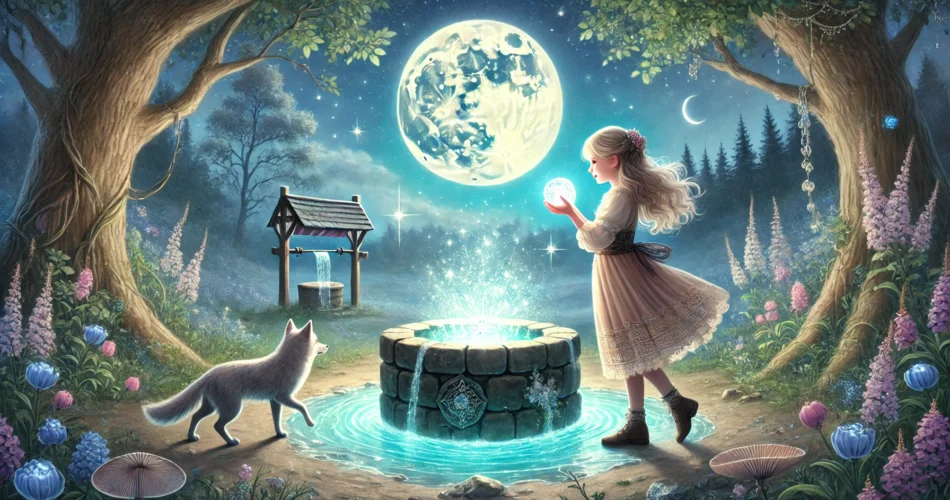 DALL·E 2025 01 31 18.46.03 An illustrated fantasy scene of a young girl standing beside a glowing magical well under a full moon. She holds a radiant moonstone in her hands and